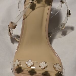 Clear Strap Heels with Beige Footbed and White Floral Accents